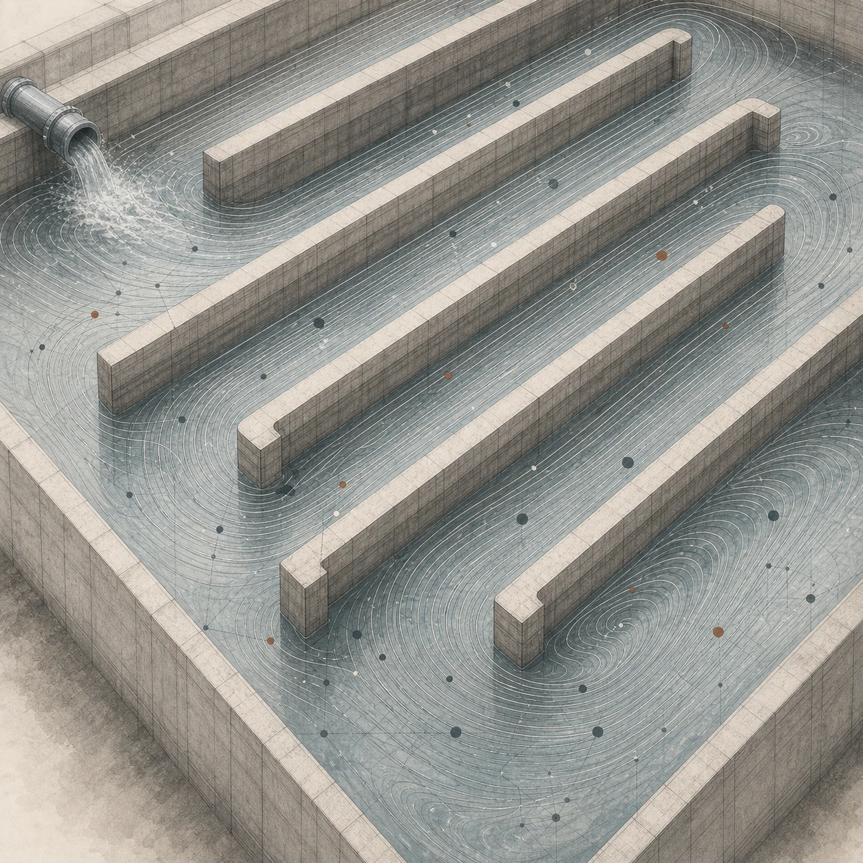 Close-up conceptual illustration of hydraulic flow lines moving through a baffled water contact tank