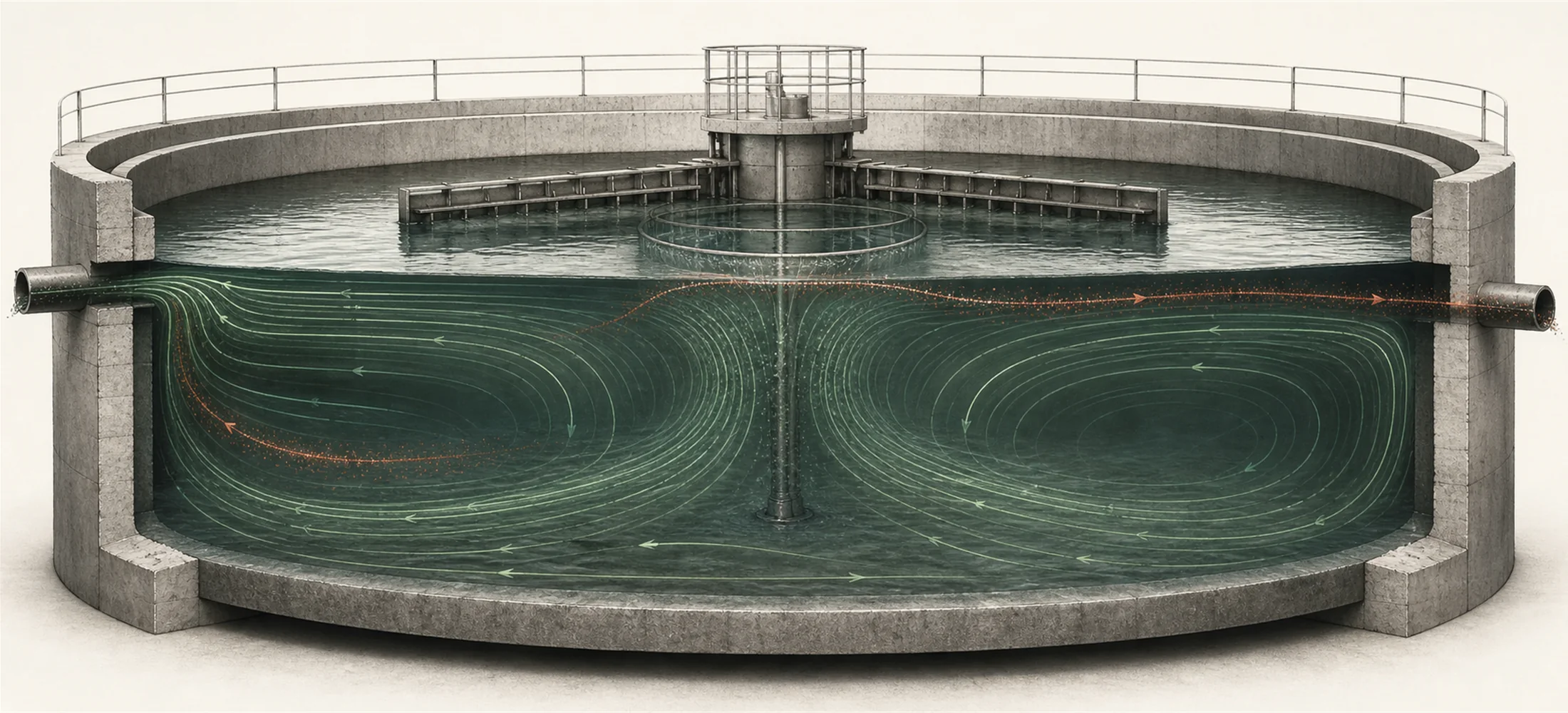 Conceptual cutaway of flow paths within a circular water asset